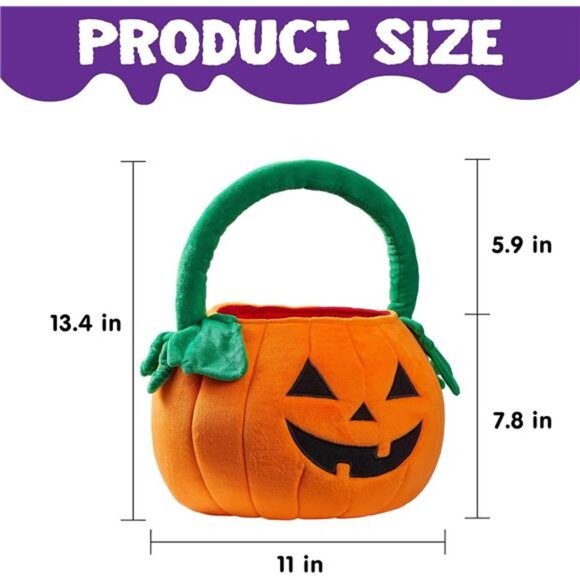 Halloween pumpkin plush tote bucket measuring 11 x 13.4 inches, designed - Picture 6 of 8